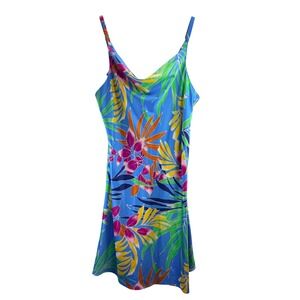 Natori Tropical Floral Cowl Neck Blue Hibiscus Adjustable Straps Slip Dress L